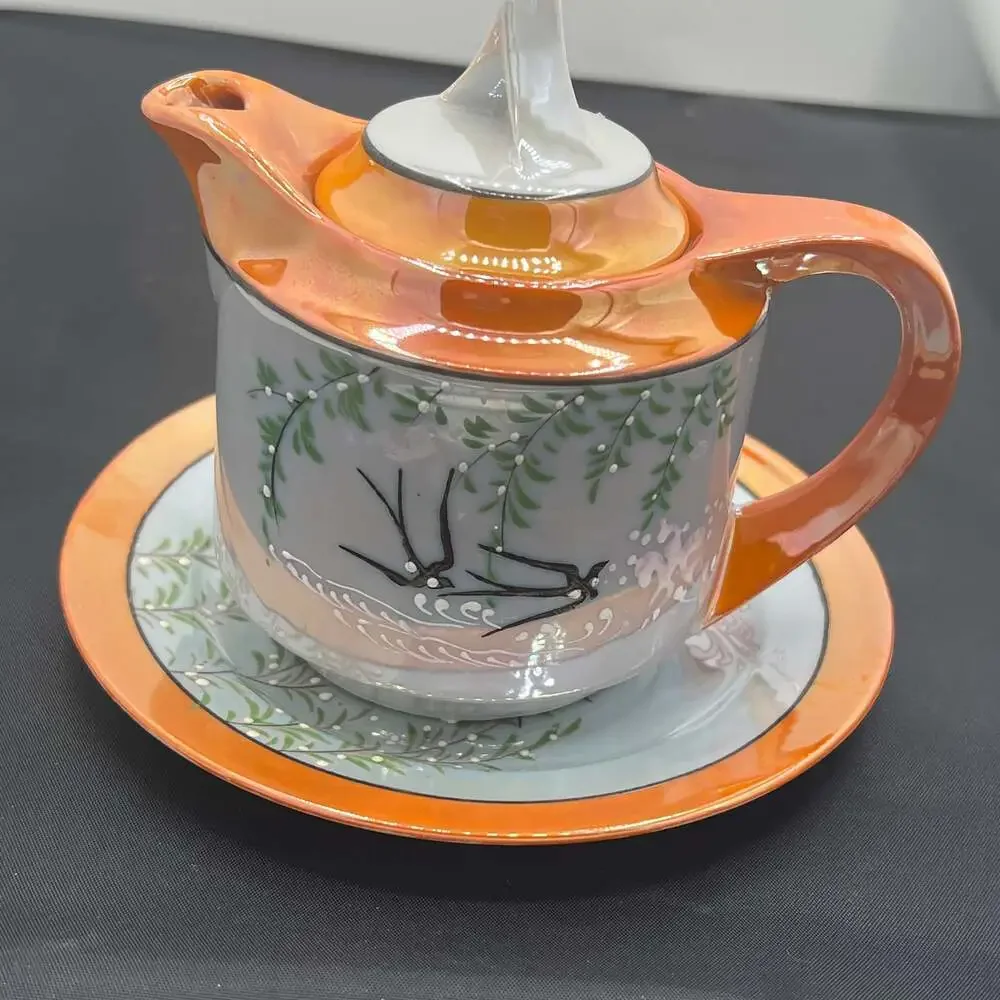 VTG GOLDCASTLE CHIKUSA Art Deco Hand Painted Lustreware Teapot & under plate